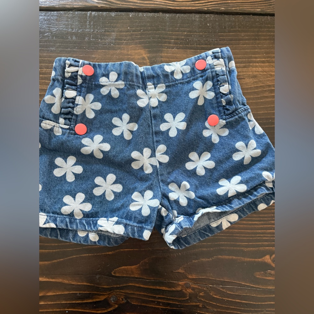 Blue Floral Denim Shorts with Coral Accents